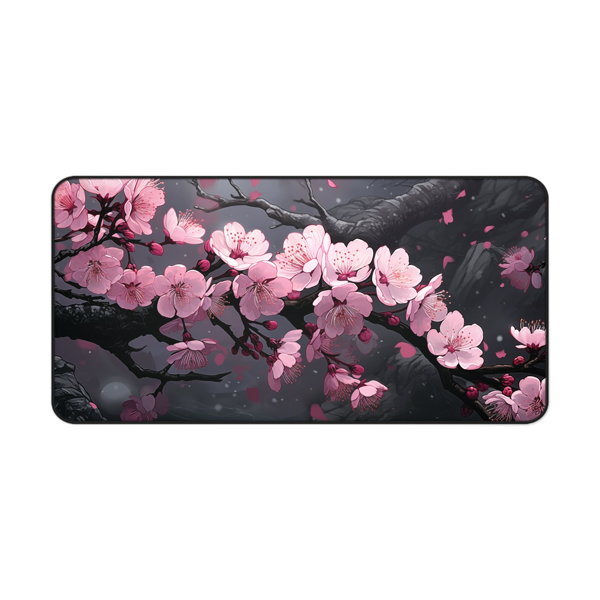 Cherry Blossom Branches on Dark Wood Desk Mat