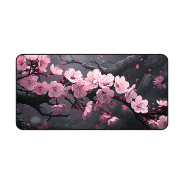 Cherry Blossom Branches on Dark Wood Desk Mat