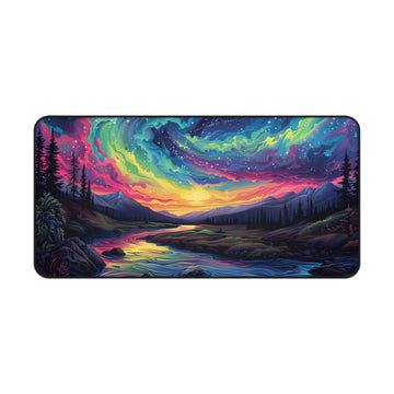 Aurora Borealis Over Mountain River Desk Mat